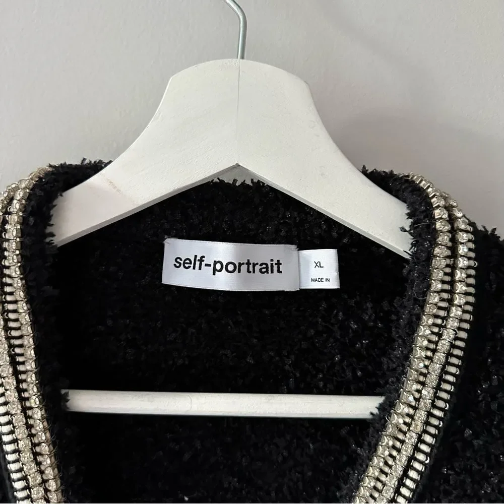 SELF-PORTRAIT Black Tape Knit Crystal-Embellished Bouclé Cardigan